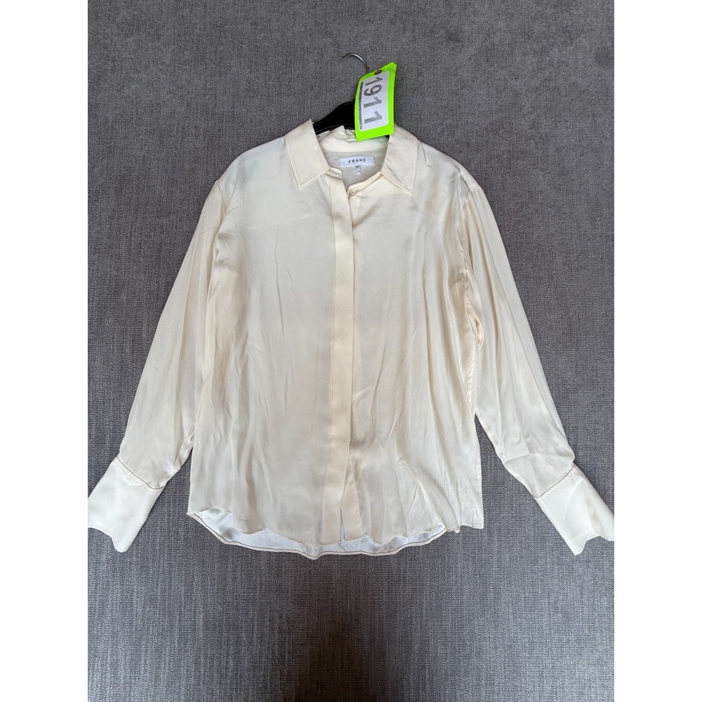 FRAME Shirt Top Womens Small Off-White Silk Long Sleeve Casual Chic Button-Up